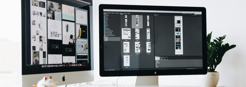 Stylish office workspace featuring dual monitors, a keyboard, notebooks, and decorative plant.